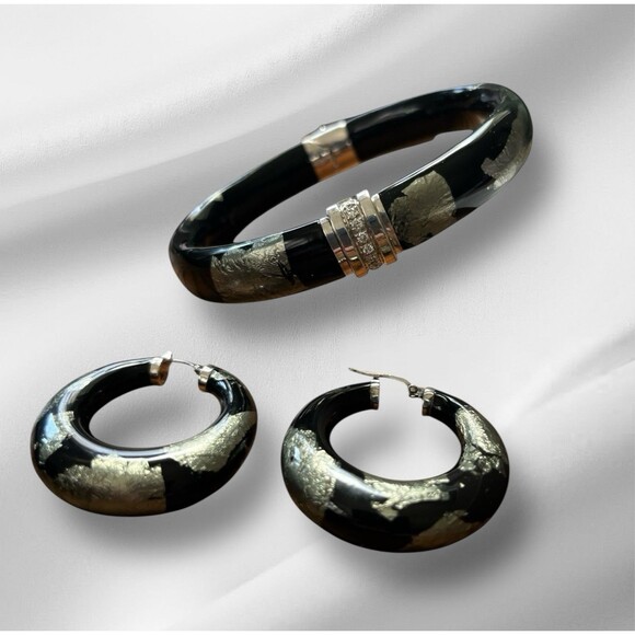 SOHO SLVR Bangle Earrings Diamond 14 CT White Gold Leaf Enamel Sterling Italy - Picture 1 of 7